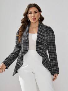 SHEIN Clasi Plus Plaid Print Shawl Collar Open Front Tweed Blazer - Multicolor - View 4