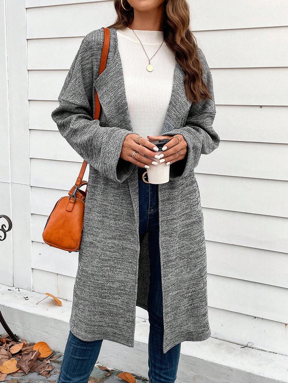 Waterfall Collar Drop Shoulder Open Front Coat