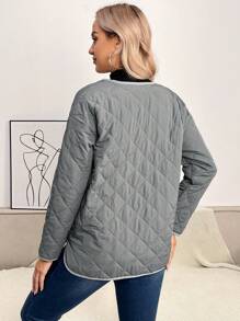 SHEIN Maternity Contrast Binding Button Front Quilted Coat, For Winter - Grey - View 2