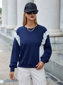 SHEIN Essnce Rüschen Farbblock Lässig Damen Sweatshirts - Blau-Weiß - Übersicht 1