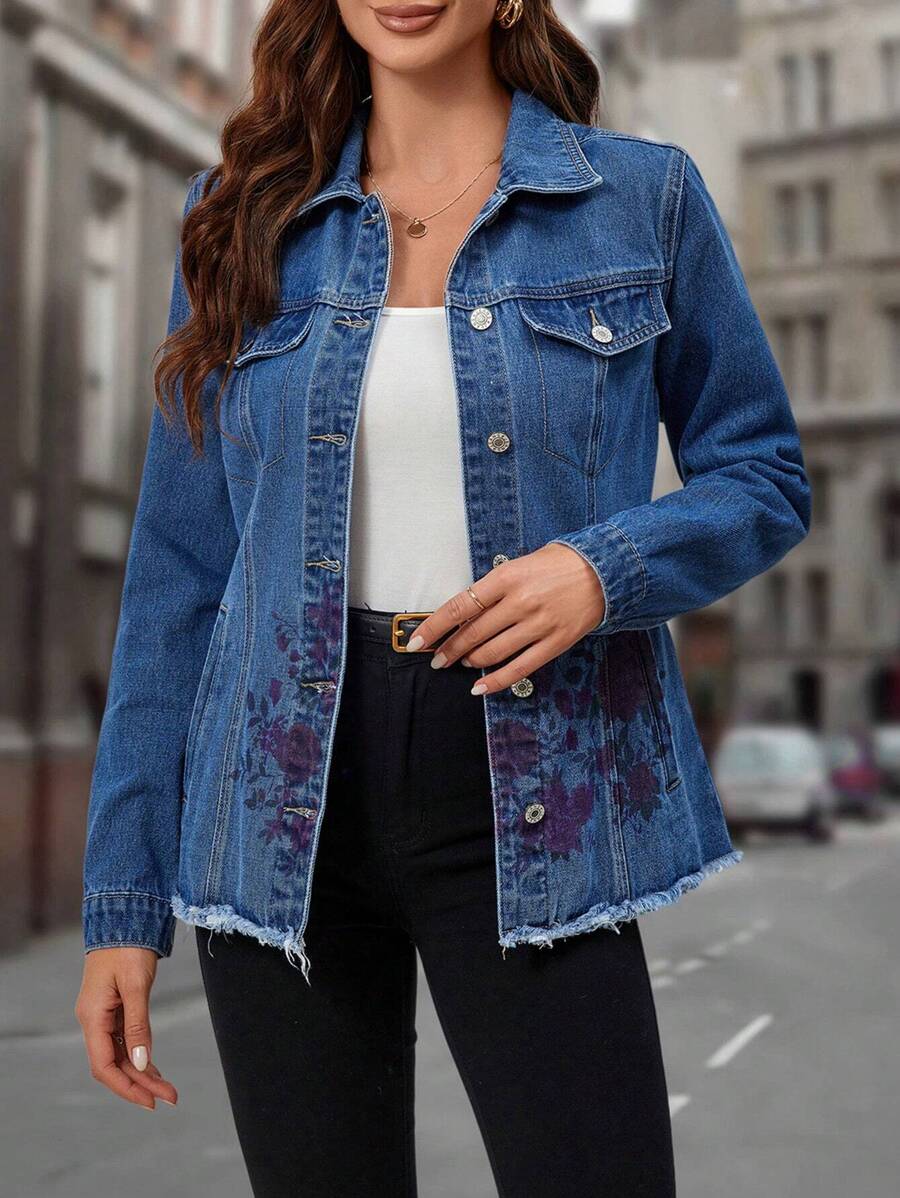 EMERY ROSE Floral Print Raw Trim Denim Jacket