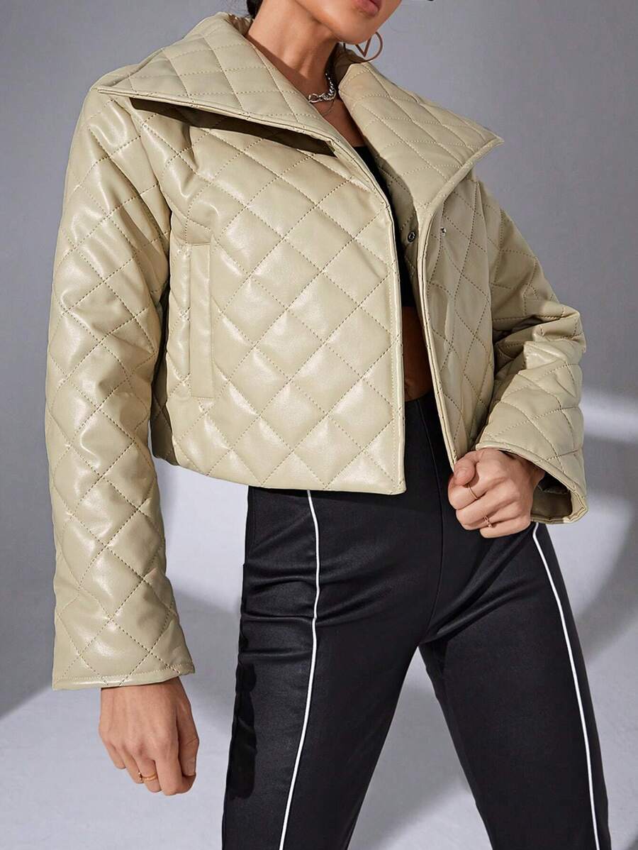 SHEIN Essnce Snap Button PU Leather Quilted Coat - Beige - View 1