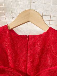 Baby Girls' Net Yarn Patchwork Dress With Bow Decoration For Formal Occasions - Red - View 4