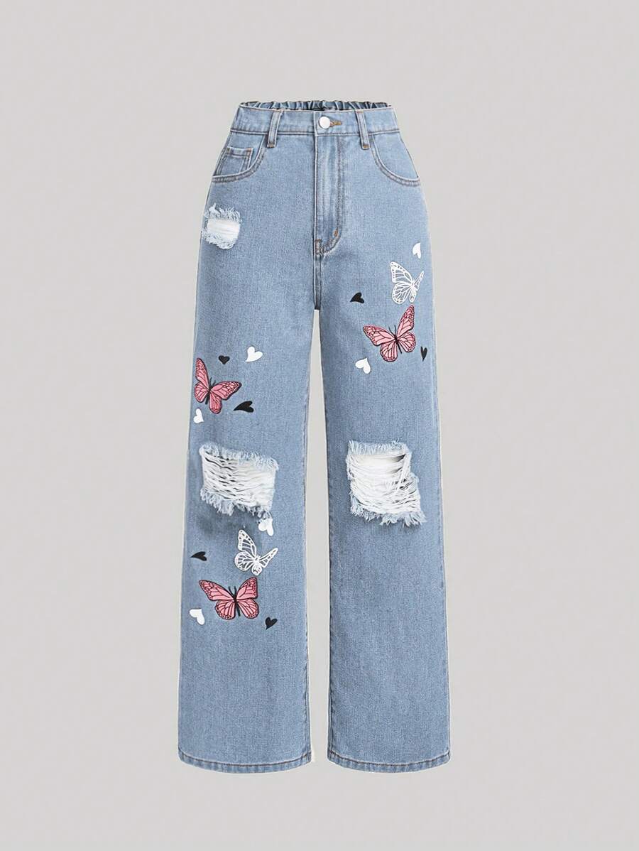 SHEIN Girlism Teen Girl Butterfly Print Ripped Straight Leg Jeans - Light Wash - View 1