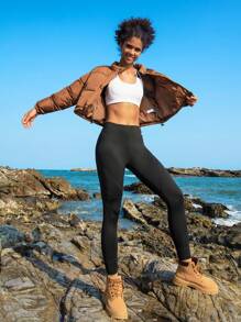 In My Nature Letter Graphic Zip Up Crop Padded Coat - Brown - View 5