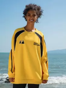 In My Nature Letter & Mountain Embroidery Raglan Sleeve Outdoor Sweatshirt - Yellow - View 5