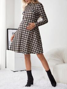 SHEIN Maternity Plaid Print Mock Neck Dress - Brown - View 1
