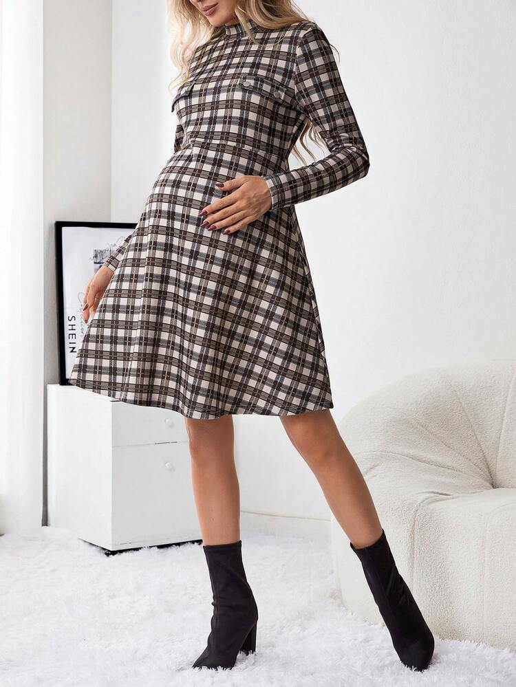 Maternity Plaid Print Mock Neck Dress
