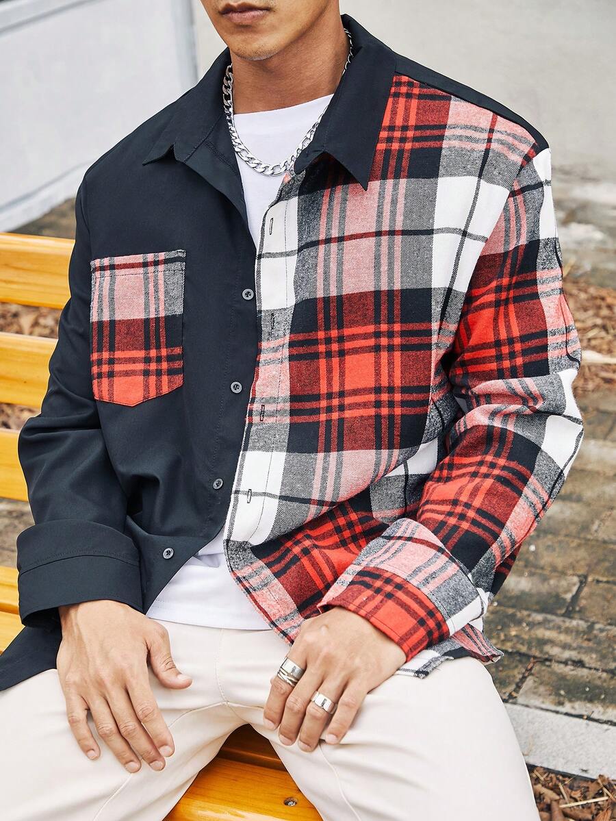 Manfinity Homme Nam Kích thước lớn Lưới Vá lại Áo sơ mi - Nhiều màu - Xem 1