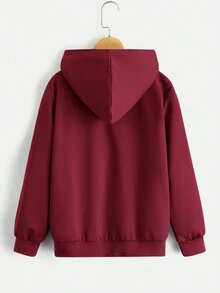 SHEIN Tween Boy Bear & Letter Graphic Hooded Sweatshirt - Burgundy - View 2
