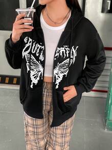 Flirla Talla grande Capucha con estampado de mariposa y letra de hombros caídos con cordón - Negro - Ver 1
