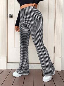 Flirla Plus Houndstooth Print Flare Leg Pants