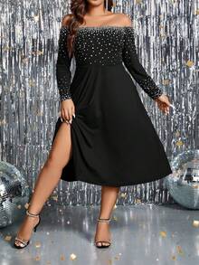Plus Pearls Beaded Off Shoulder Split Thigh Dress - Black - View 3