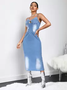 SHEIN SXY Ruched Front Cut Out Cami Denim Dress - Medium Wash - View 5