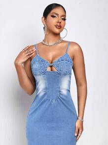 SHEIN SXY Ruched Front Cut Out Cami Denim Dress - Medium Wash - View 6