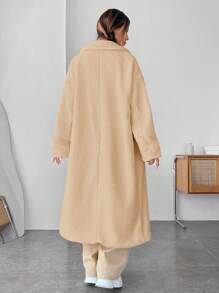 SHEIN EZwear 西裝領落肩袖雙排釦絨毛外套 - 杏色 - 查看 2