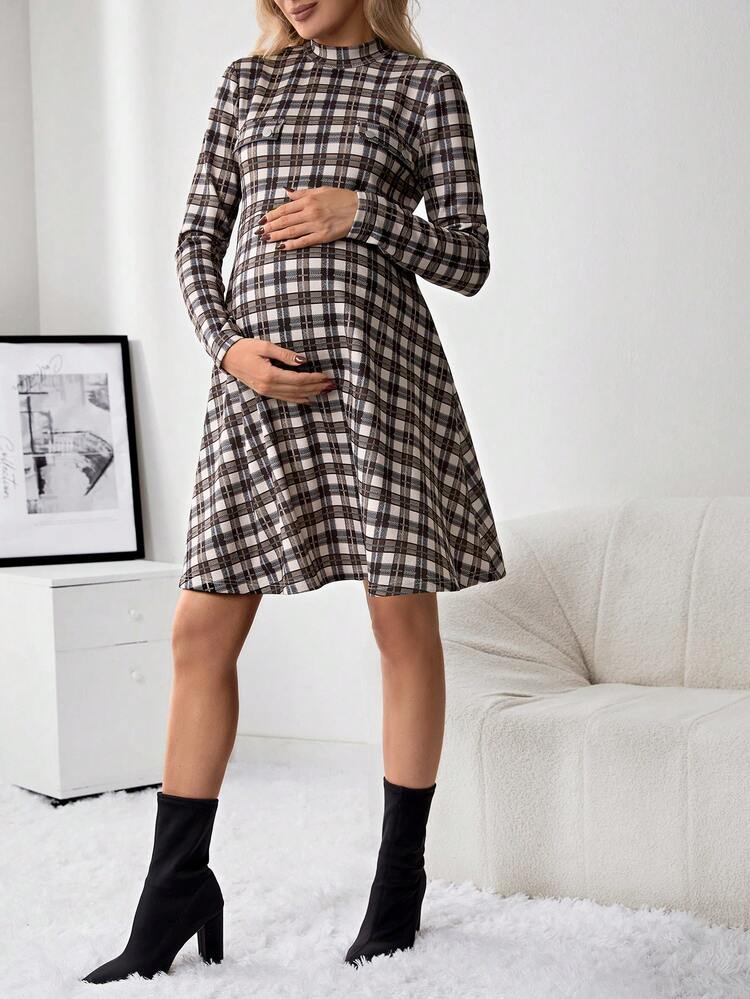 Maternity Plaid Print Mock Neck Dress