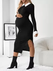 SHEIN 孕婦拼接領高衩緊身洋裝