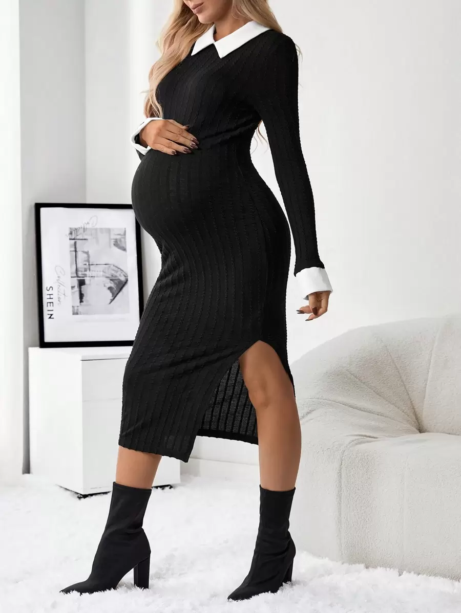 SHEIN 孕婦拼接領高衩緊身洋裝