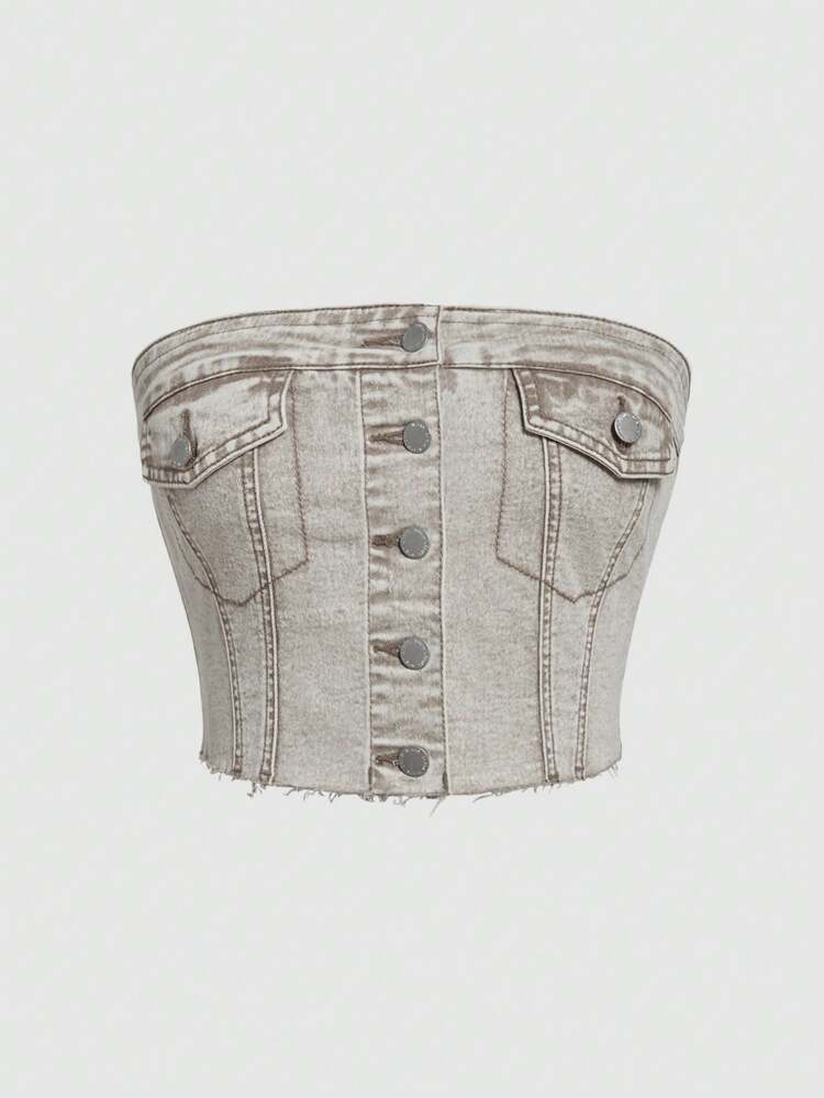 Flap Detail Button Front Tube Denim Top