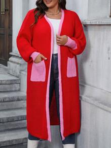 Calvaya Áo khoác cardigan dáng rộng có túi kép viền tương phản - Đỏ - Xem 3