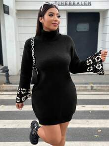 Flirla Plus Floral Pattern Split Cuff Turtleneck Sweater Dress - Black - View 6