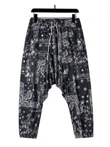 Manfinity RSRT 男士大码佩斯利印花吊襠褲 - 黑色 - 查看 5