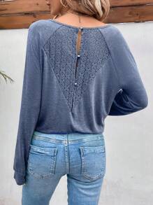 SHEIN Frenchy 蕾絲拼接插肩袖T恤 - 藏蓝色 - 查看 3