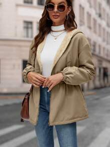 SHEIN LUNE Thả vai Lót Teddy Áo trùm đầu - Màu Khaki - Xem 4