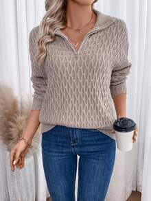 SHEIN LUNE Dây kéo mặt trước Thả vai Áo len - Lạc đà - Xem 3