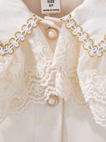 SHEIN Young Girl Contrast Lace Ruffle Trim Flounce Sleeve Shirt - Beige - View 3