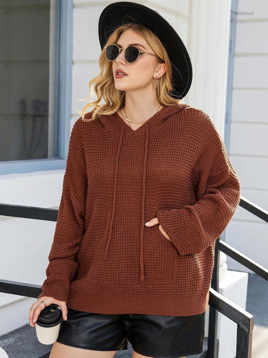 Calvaya Hơn Túi kangaroo Thả vai Dây rút áo có mũ Áo len - Cà phê nâu - Xem 1