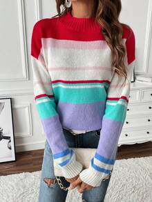 SHEIN LUNE Striped Color Block Mock Neck Drop Shoulder Sweater - Multicolor - View 3