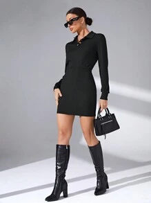 SHEIN Essnce 素色半排扣緊身洋裝 - 黑色 - 查看 1