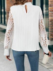 SHEIN Frenchy 提花蕾絲燈籠袖小高領後鎖孔襯衫