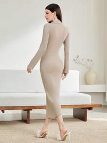 Modelyn Turtleneck Button Detail Split Thigh Sweater Dress - Khaki - View 2