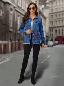 EMERY ROSE Floral Print Raw Trim Denim Jacket