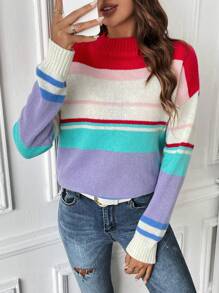 SHEIN LUNE Striped Color Block Mock Neck Drop Shoulder Sweater - Multicolor - View 1