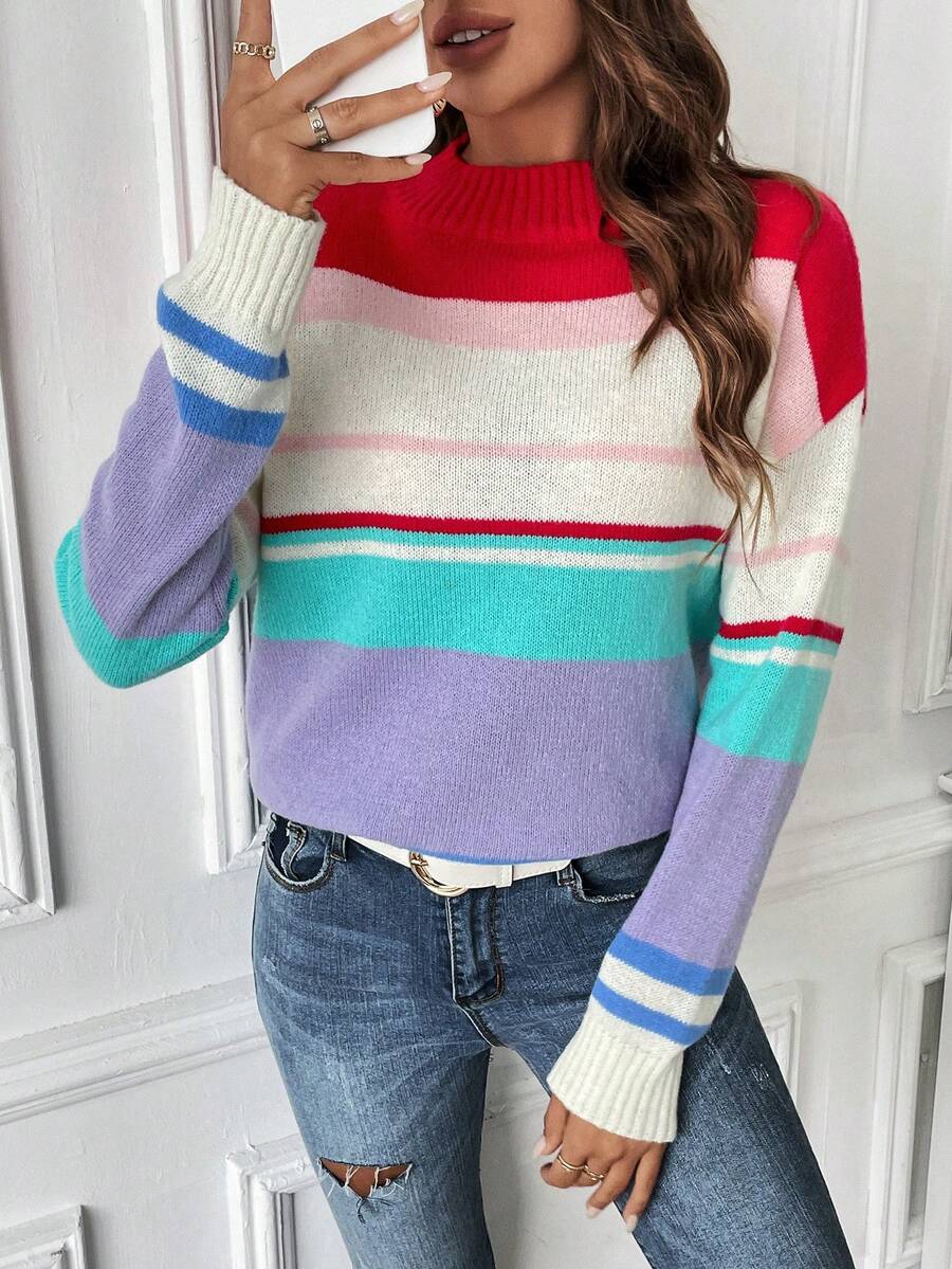 SHEIN LUNE Striped Color Block Mock Neck Drop Shoulder Sweater - Multicolor - View 1