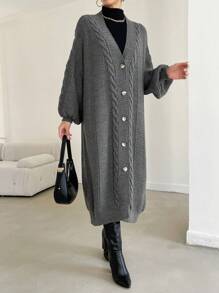 SHEIN Cottnline كارديجان منسوج مضفور منخفض الاكتاف - رمادي - مشاهدة 5