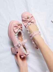 Của phụ nữ Thanh lịch Vintage Trường học Phong cách Giày Mary Jane Với Bowknot , Chi tiết ngọc trai , Chóp giầy tròn , Dày Gót chân Và Chống trượt Đế Đối với Mùa thu - Hồng - Xem 4