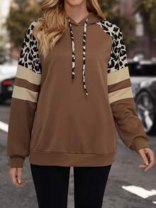 EMERY ROSE 豹紋印花插肩袖抽繩連帽衫 - 咖啡棕 - 查看 4