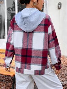 SHEIN Unity 格紋印花落肩袖抽繩連帽外套 - 紫紅色 - 查看 2