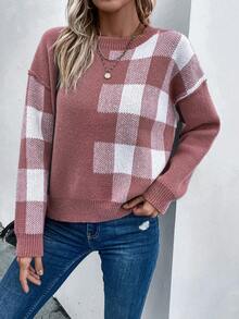 SHEIN LUNE 大方格圖案落肩袖套頭毛衣 - 彩色 - 查看 3