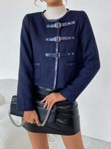 SHEIN Privé Buckle Detail Dual Pocket Tweed Overcoat - Navy Blue - View 5