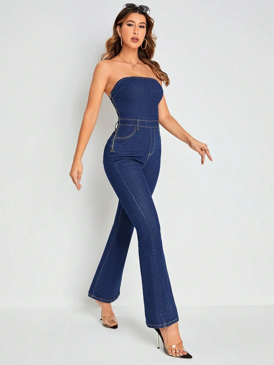 SHEIN Essnce Chân bùng Denim Jumpsuit ống - Rửa tối - Xem 1