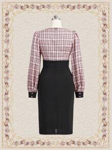 SHEIN DECDS Plaid Print Button Detail Lantern Sleeve 2 In 1 Dress - Multicolor - View 4