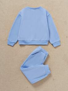 SHEIN 少女字母拼布細節抽肩運動衫和運動長褲 - 淺藍色 - 查看 2