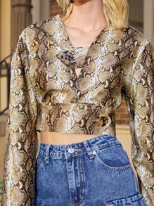 Hauture Snakeskin Print Big Button Crop Fashion Blouse