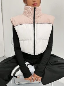 SHEIN Unity Colorblock Zip Up Casual Vest Winter Coat - White - View 5